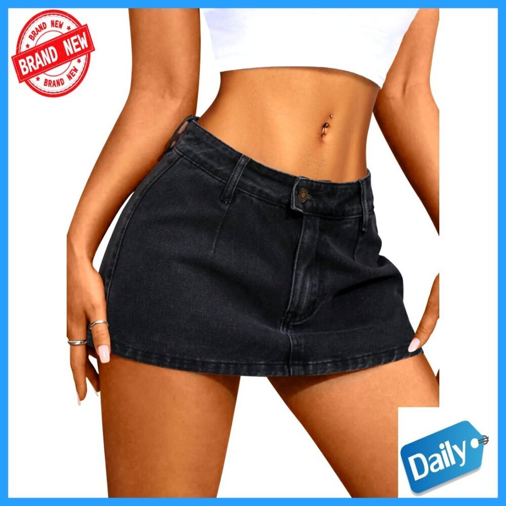 Stretch Denim Mini Skort with Built-in Shorts Low Waist Casual Skirt